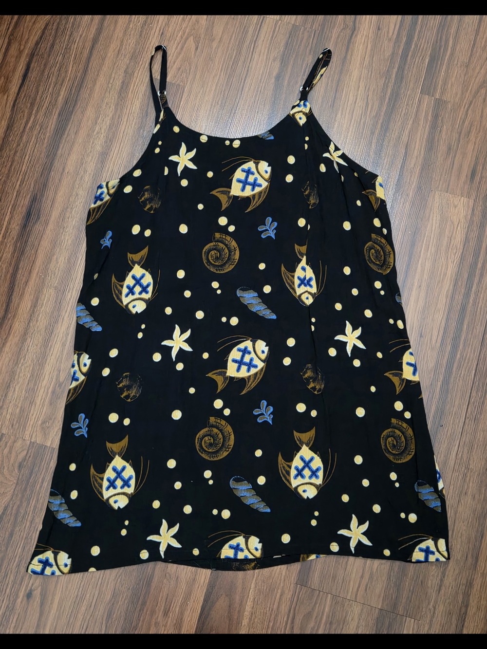 Black Fish Print Slip Dress with Yellow & Blue Accents